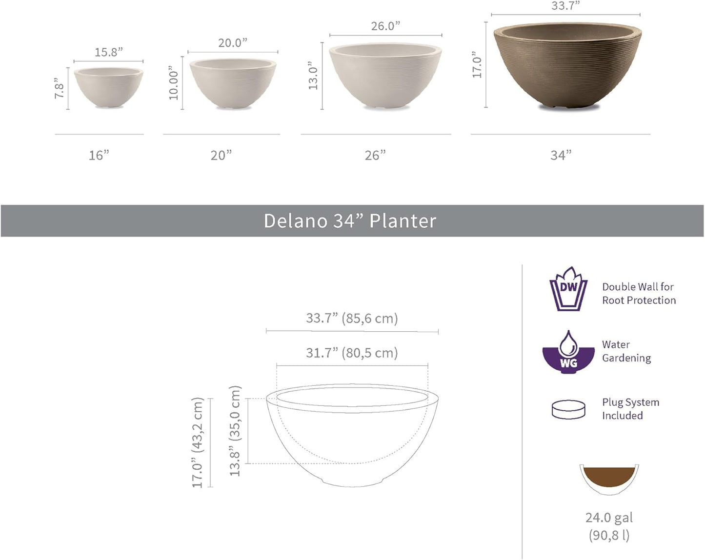 Crescent Garden Delano Bowl Planter, Large Outdoor Round Shallow Plant Pot for Water Garden, Bonsai Plant Pots, Succulents with Drain Hole - Double Walled Bowl Lotus Pot, 34" W (Mocha)