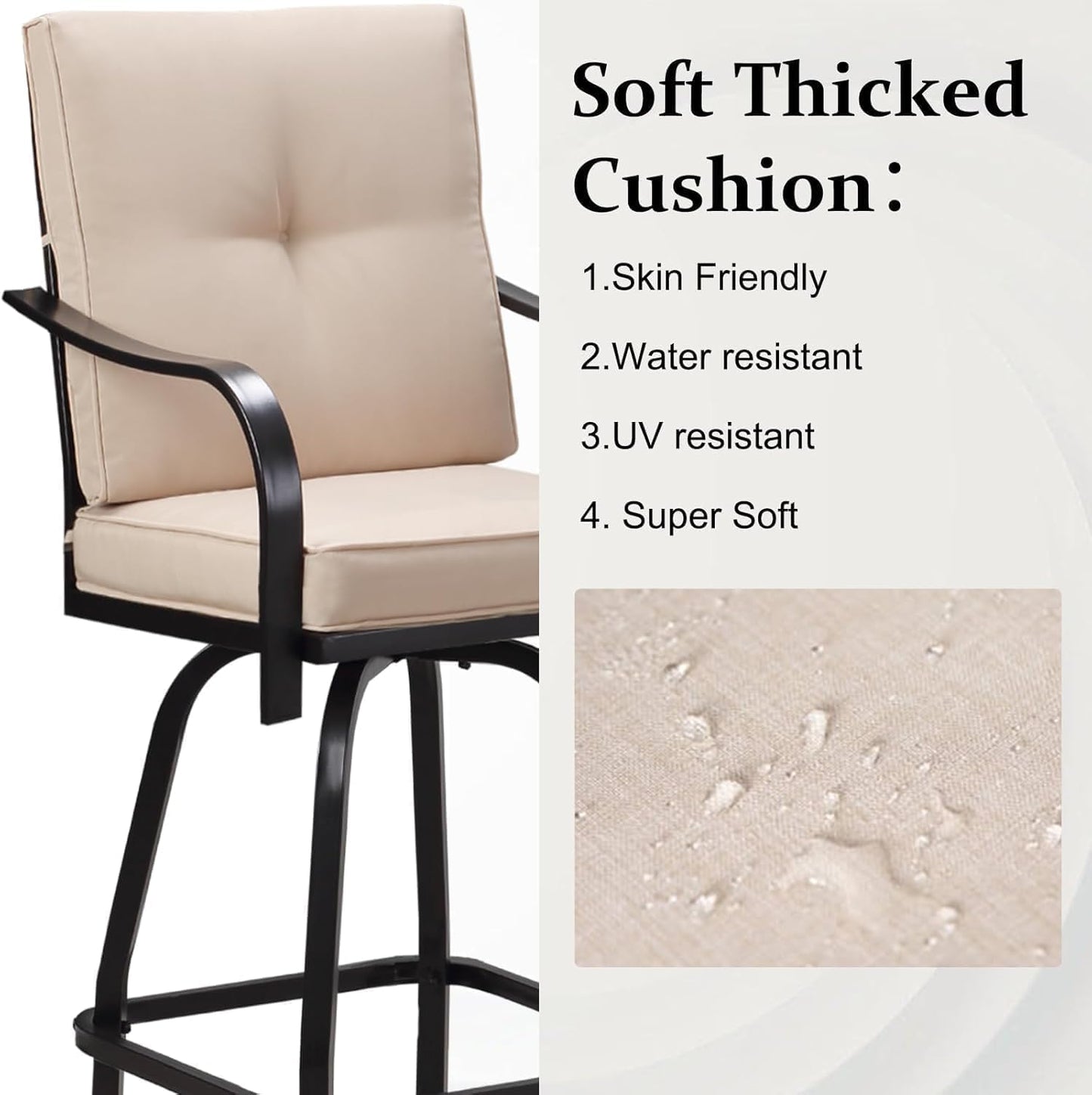 Patio Swivel Bar Stools, Outdoor High Back Swivel Bar Chair Set of 4 with Cushion & All Weather Steel Frame for Backyard, Lawn, Poolside and Balcony, Beige