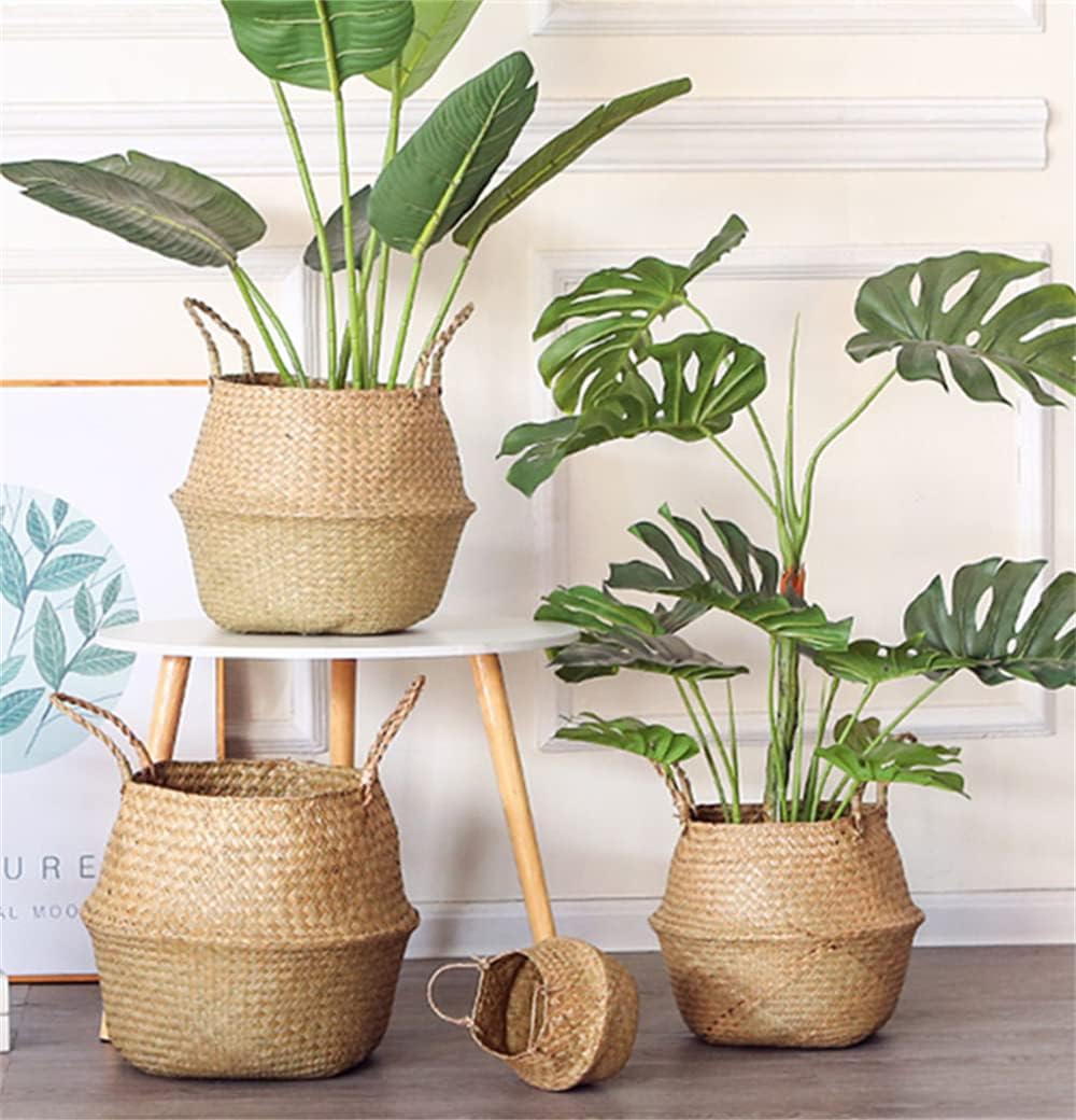 DOKOT Seagrass Plant Basket with Handles, Round Storage Wicker Basket (10.6inch Diameter x 12.5inch Height, Natural)