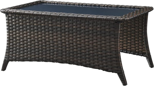 Patio Tables Wicker Coffee Table - Outdoor Rattan Coffee Tables with Glass Top for Patio Proch Deck Balcony Rectangle Brown