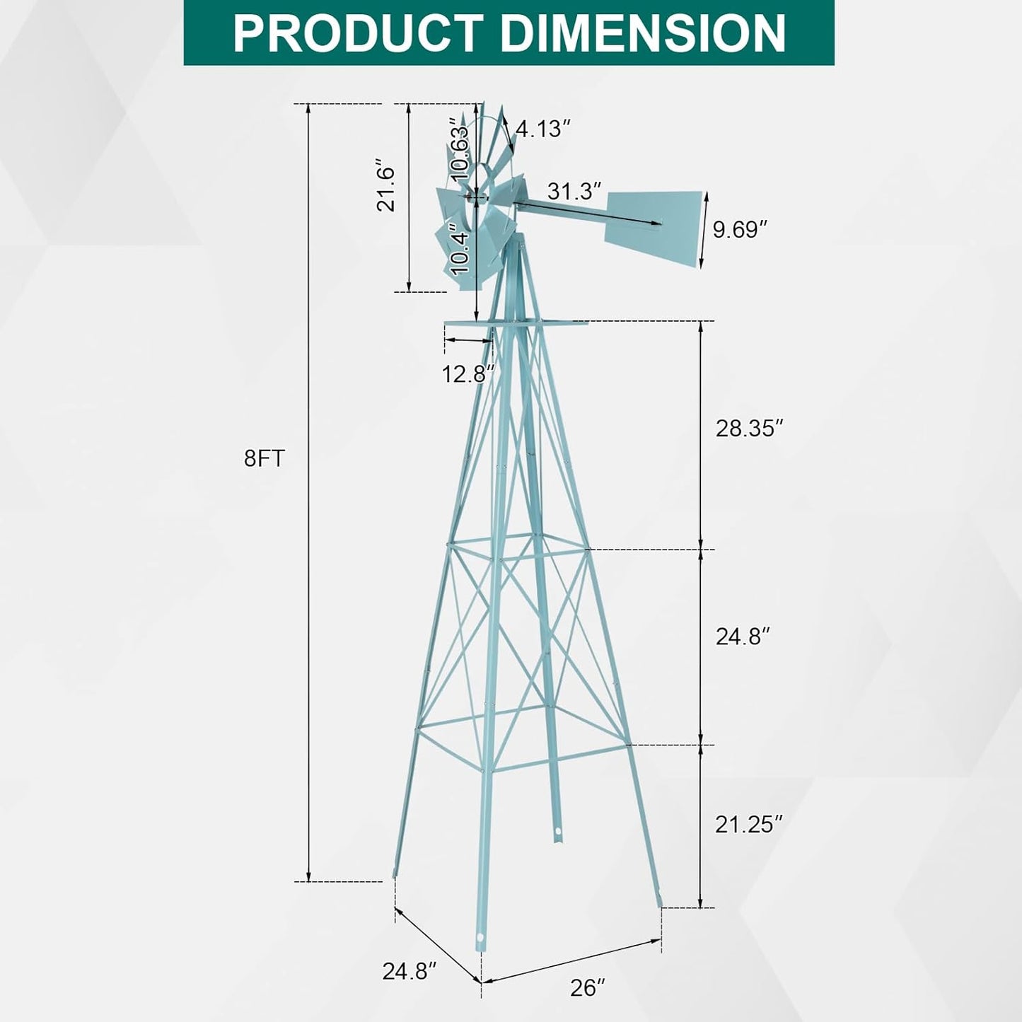 8FT Garden Windmill, Heavy Duty Metal Weather Vane, Yard Ornamental Wind Spinner, Wind Mill Decoration for Backyard Weather Resistant (Light Blue, 8ft)