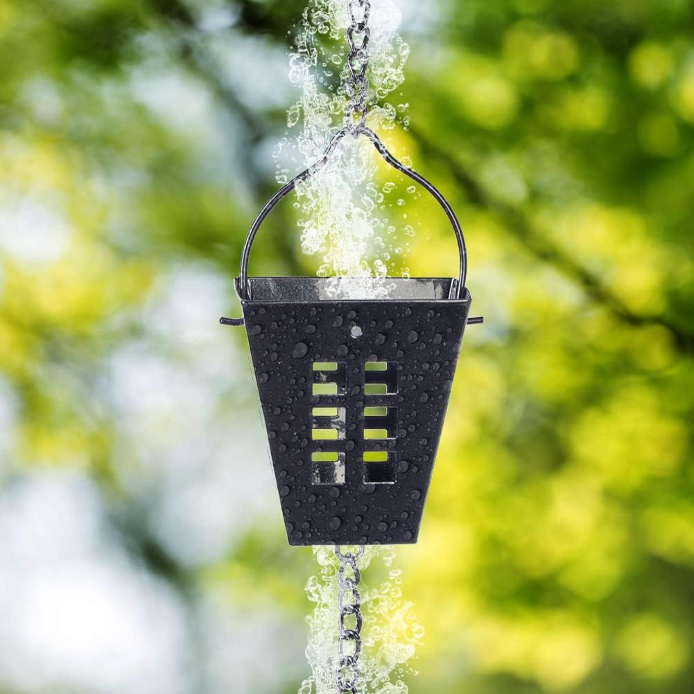 Square Rain Chain, 10 Ft Black Rain Gutter Chains with 12 Cups, Adjustable Rain Catcher Chain with Bell for Eaves Drainage, Outdoor Replacement Downspout for Gutters