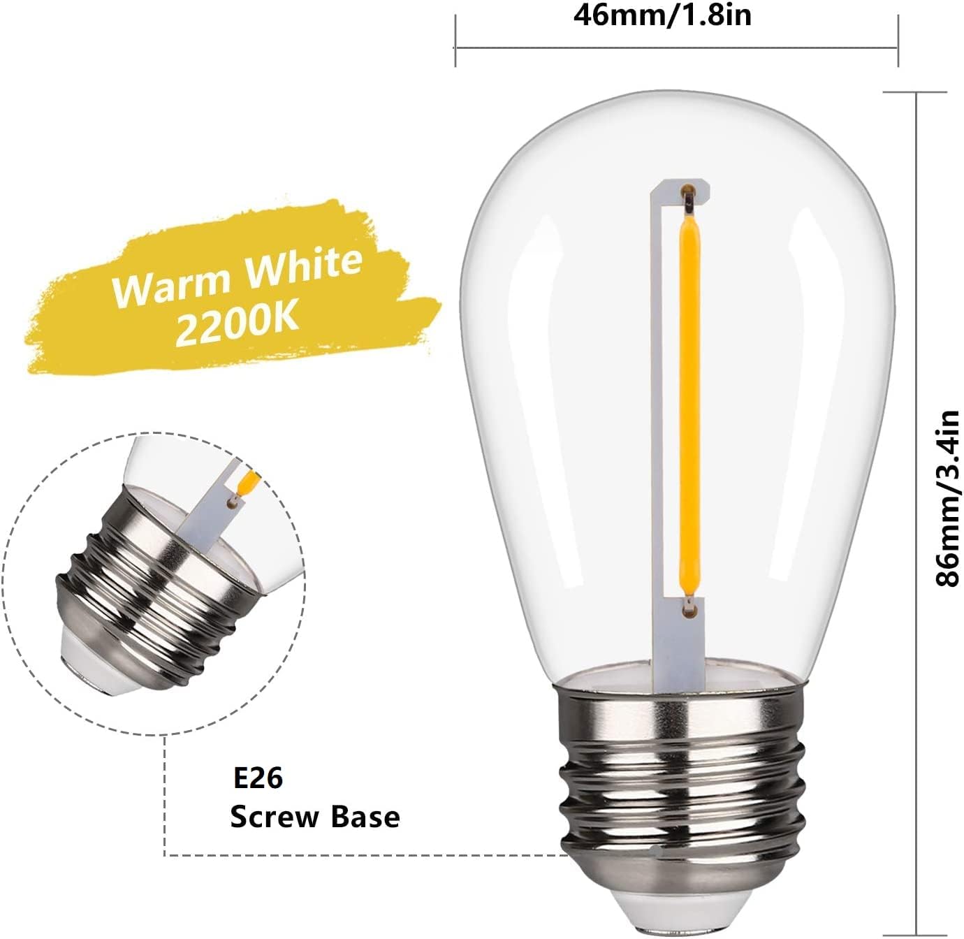 15 Pack S14 LED String Light Bulbs, 1W Shatterproof & Waterproof Outdoor Indoor Replacement Bulbs, E26 Base Edison LED Light Bulbs Warm White 2200K. (S14 15Pack)