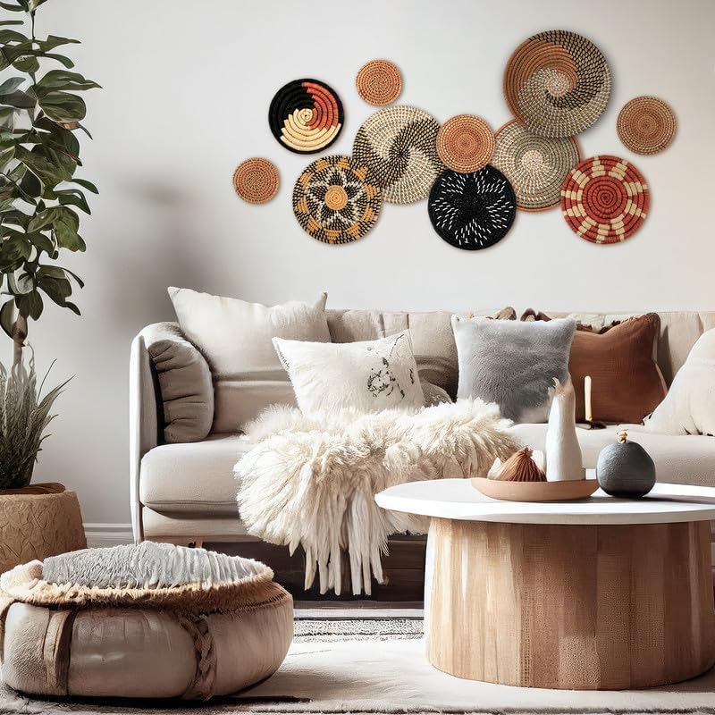 Tatuo 11 Pcs Boho Wall Basket Decor Decorative Bulrush Woven Basket Wall Decor Art Round Farmhouse Hanging Baskets for Kitchen Rustic Home Summer Decorations, Multi Sizes(Classic)
