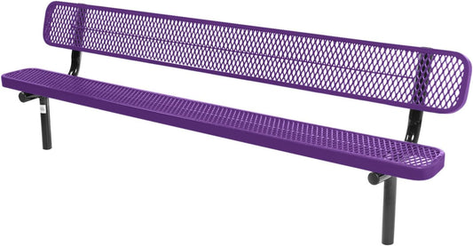 Coated Outdoor Furniture Heavy-Duty Outdoor Bench Thermoplastic Coated, Expanded Metal, Commercial-Grade Seating, Made in America (Inground with Back, 8 Ft, Textured Purple)