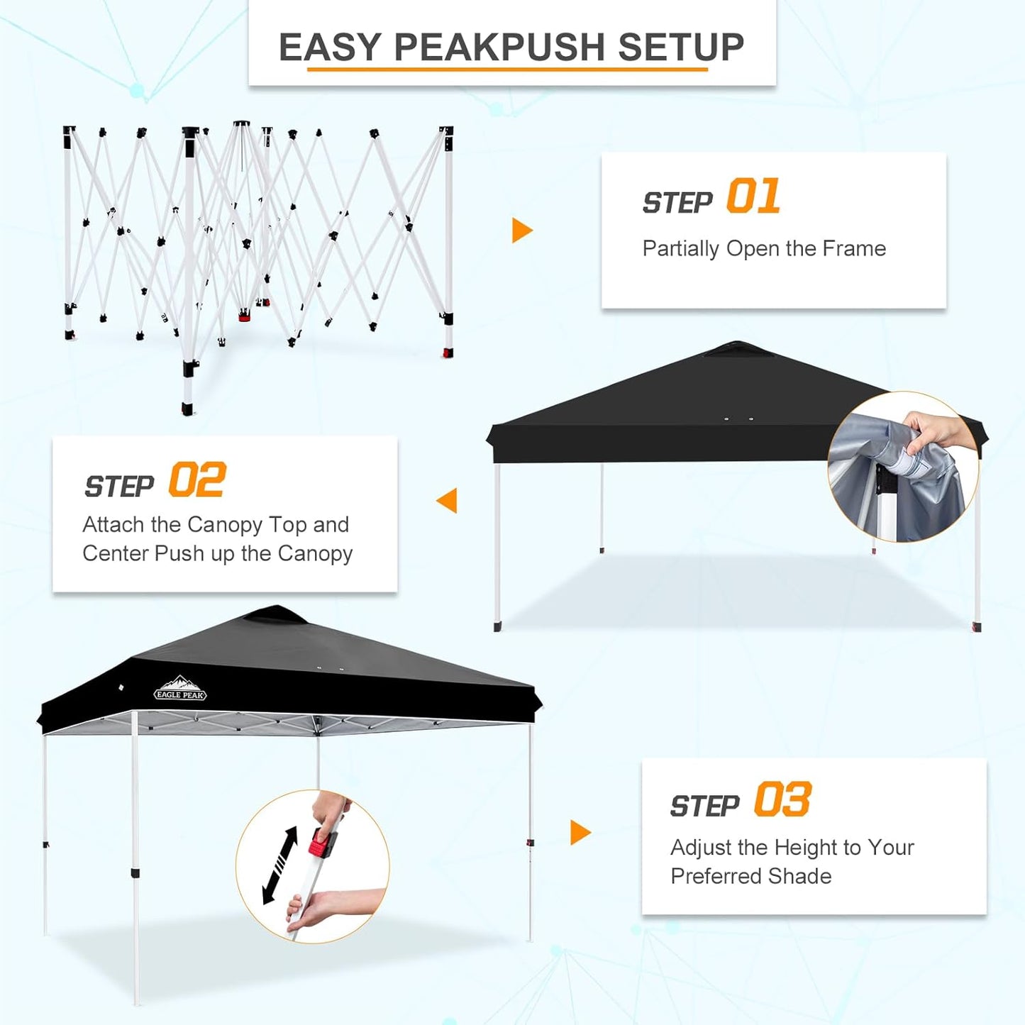 EAGLE PEAK Pop Up Canopy Tent with Wheeled Carry Bag, 8 Stakes, 4 Ropes, 4 Weight Bags, Easy Set Up Tent Canopy, 12x12 ft, 144sqft of Shade, Black