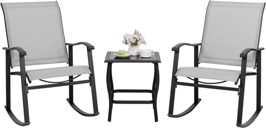 Shintenchi 3 Piece Rocking Bistro Set, Outdoor Furniture with Rocker Chairs and Glass Coffee Table Set of 3, Balcony, Porch Furniture for Small Space, Light Gray