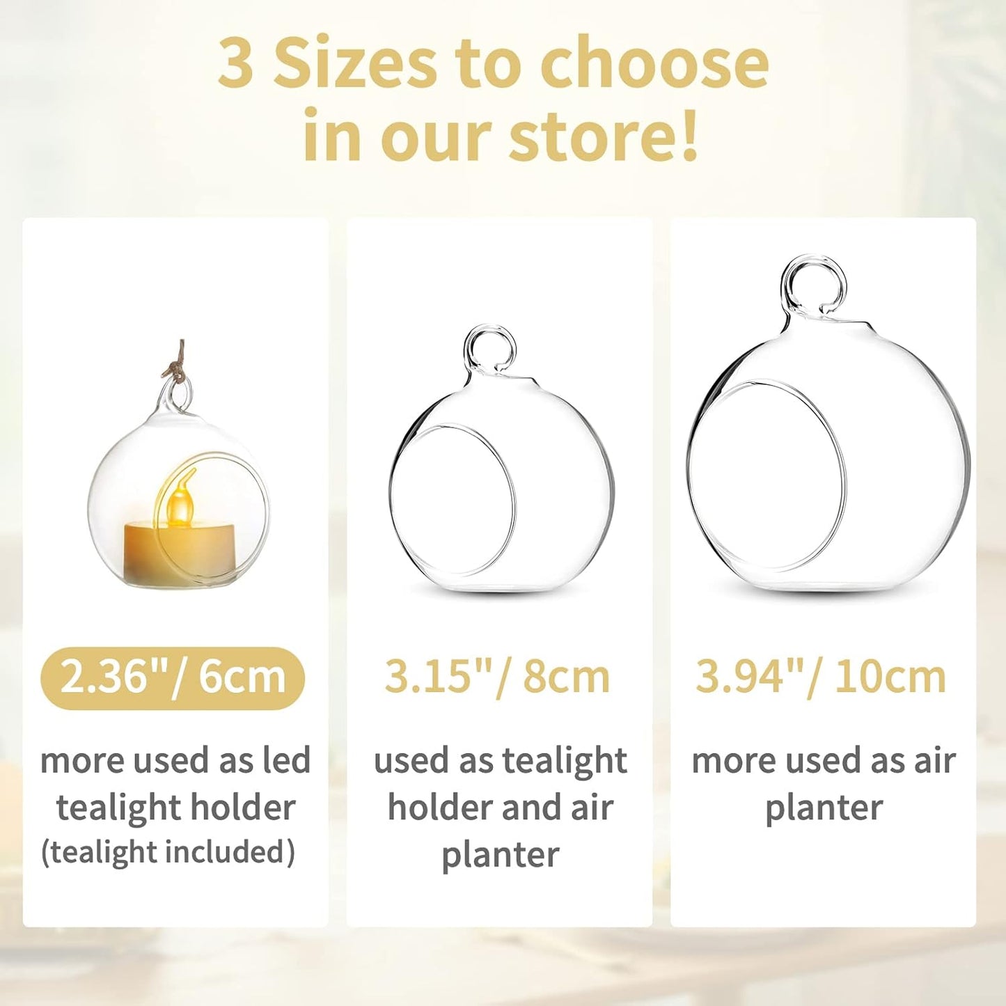 NUPTIO Mini Hanging Glass Tealight Globe Candle Holder with LED Candle, 2.36 Inches Diameter, Wedding Party Tree Decoration (36 Pcs)