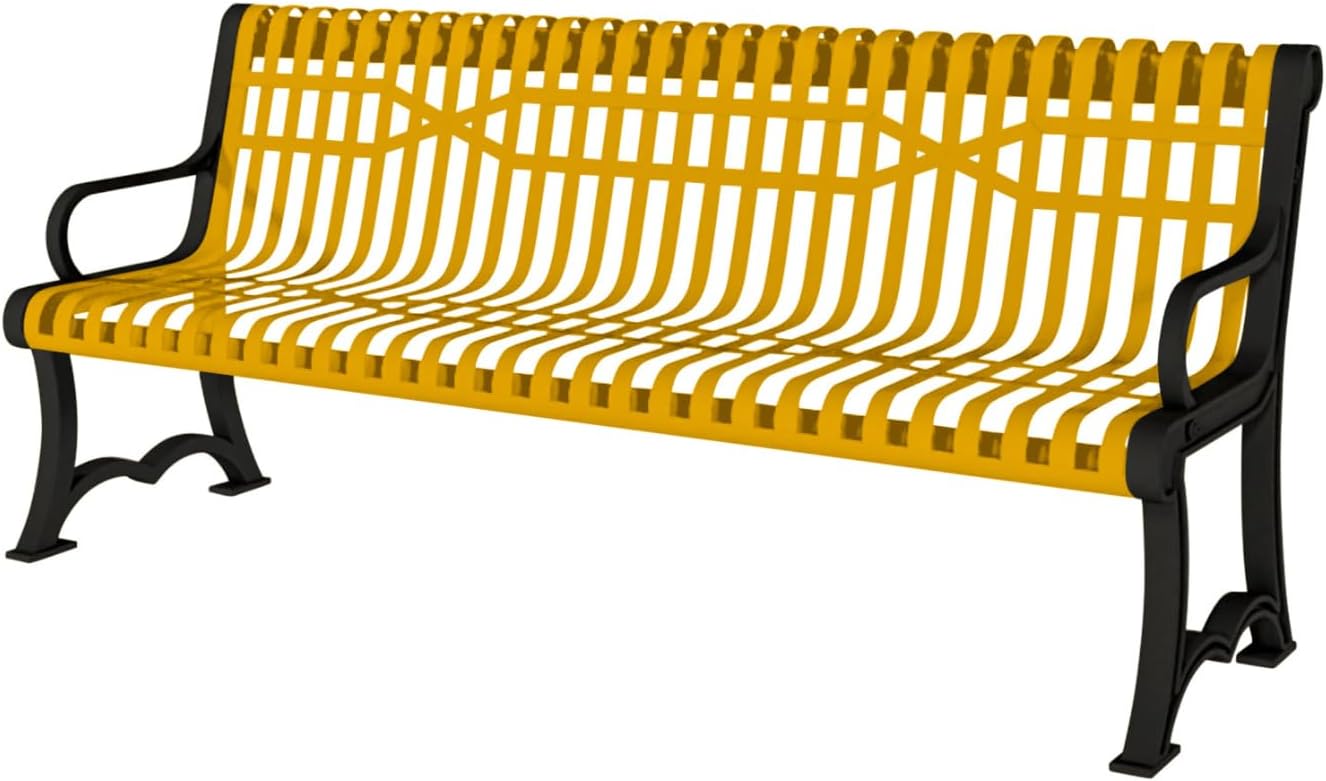 Heavy-Duty Outdoor Bench Thermoplastic Coated, Slatted Steel, Commercial-Grade Garden Bench, Made in America (Portable with Back, 4 Ft, Textured Yellow)