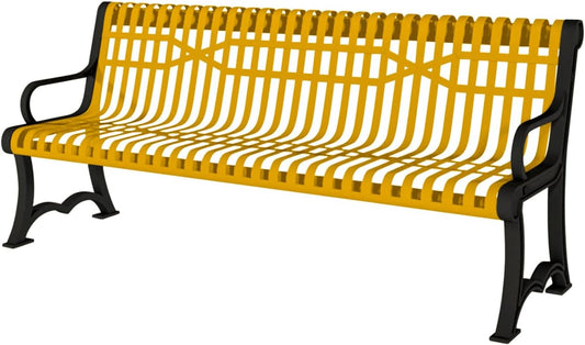 Heavy-Duty Outdoor Bench Thermoplastic Coated, Slatted Steel, Commercial-Grade Garden Bench, Made in America (Portable with Back, 4 Ft, Textured Yellow)