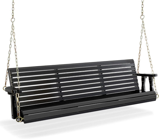 VINGLI Upgraded Patio Wooden Porch Swing for Courtyard & Garden, Heavy Duty 880 LBS Swing Chair Bench with Hanging Chains for Outdoors (Black, 5 FT)
