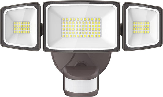 Onforu 65W LED Security Lights Motion Sensor Light Outdoor, 6500LM, 6500K, IP65 Waterproof, Flood Light Outdoor Motion Detector with Adjustable 3 Head, Hardwired Wall Light for Entryway, Yard (Brown)