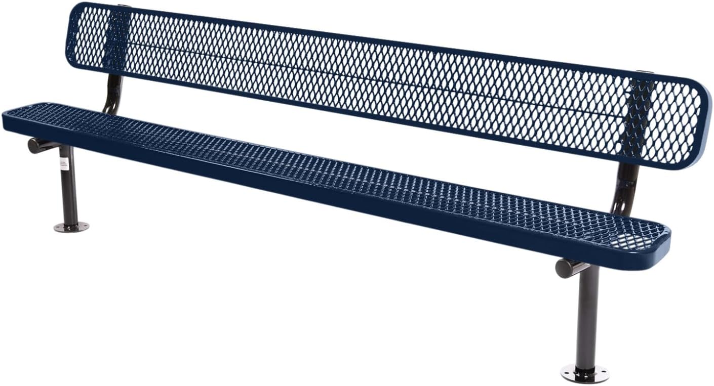 Coated Outdoor Furniture Heavy-Duty Outdoor Bench Thermoplastic Coated, Expanded Metal, Commercial-Grade Seating, Made in America (Surface with Back, 8 Ft, Textured Dark Blue)