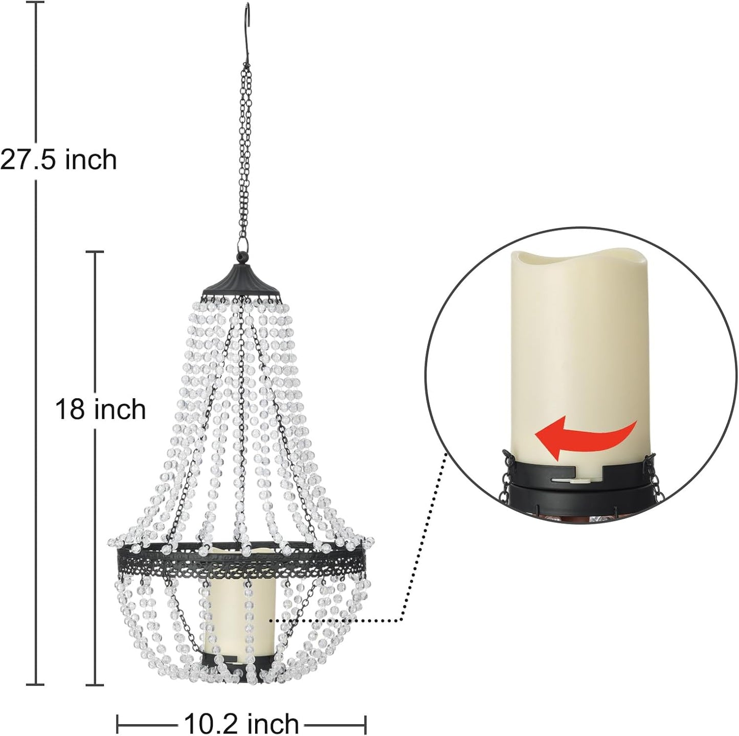 Hanging Candle Lantern, 27” Battery Operated Modern Clear Acrylic Crystal Chandeliers with Flickering Yellow Led Candle Light S Hooks for Garden, Backyard, Gazebo, Room Indoor Outdoor Decor