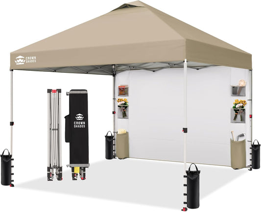 CROWN SHADES Canopy Tent 10x10 Pop Up Canopy Outdoor Shade with Pockets Sidewall, Easy Up Sun Shelter with One Person Set Up Center Lock, Portable Instant Camping Beach Canopy Tents, Beige