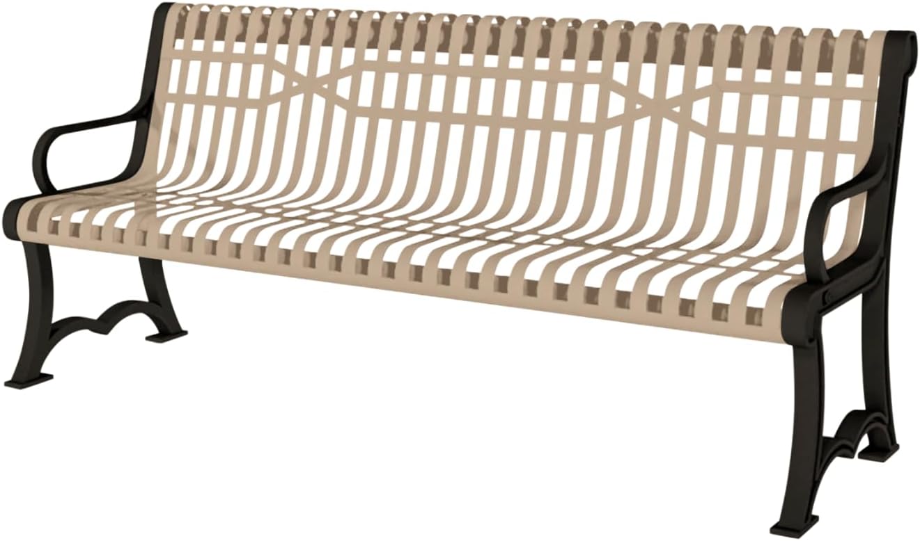 Coated Outdoor Furniture Heavy-Duty Outdoor Bench Thermoplastic Coated, Slatted Steel, Commercial-Grade Garden Bench, Made in America (Portable with Back, 4 Ft, Tan)