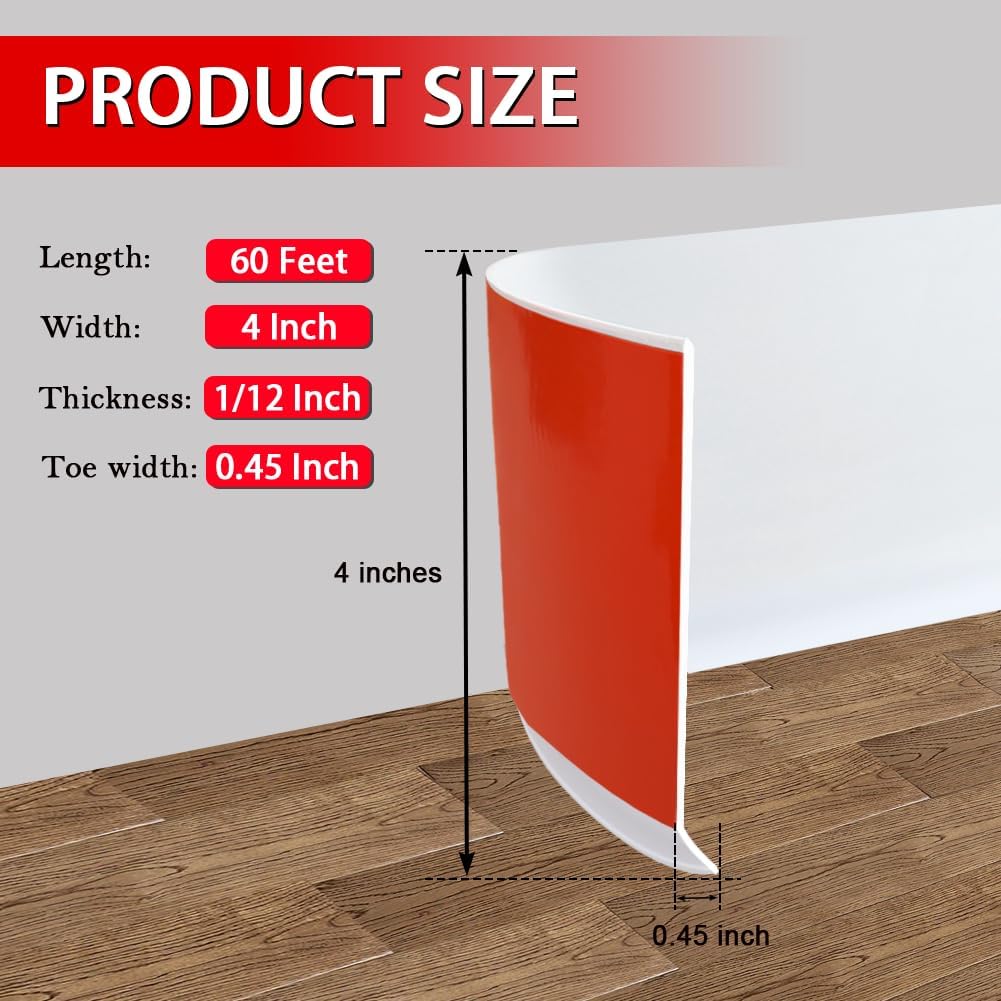 Vinyl Wall Base Baseboard Molding Trim 4" Flexible Self Adhesive Rubber Wall Base Moulding Trim Peel and Stick Design, 4 Inch x 60 Feet, White