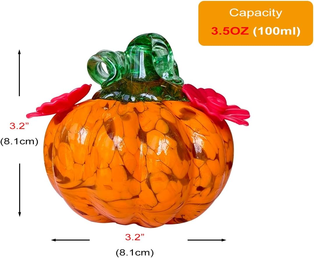 Small Glass Hummingbird Feeders for Outdoors Hanging - 2PC X Orange Yellow Hand Blown Glass Pumpkin Nectar Feeding, 2 Flowers Feeding Ports, Decor for Garden/Backyard Outside