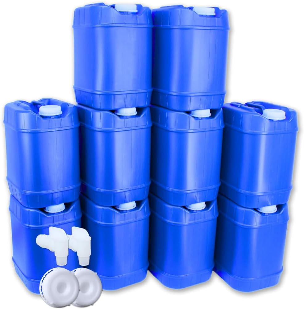 5-Gallon Stackable Water Storage Containers, 5 Gallons Each w/Lids + Spigot, Easy Fill, Survial Supply Emergency Water Storage for Camping and Disaster Preparedness, RV, 50 Gallon (10 Tanks)
