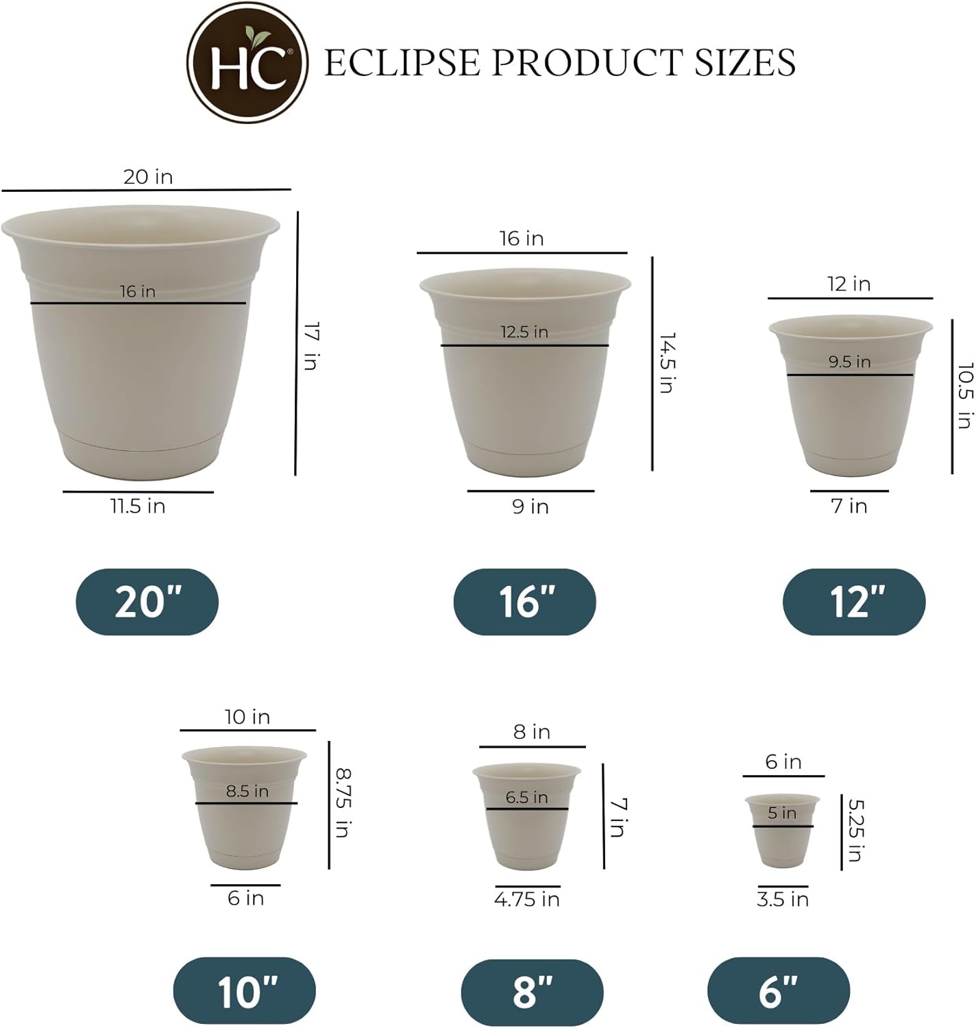 The HC Companies Eclipse Round Planter with Saucer - Outdoor & Indoor Plant Pot with Drainage Holes - Lightweight, UV-Resistant Plastic Pots for Plants, Flowers & Herbs (12" Cottage Stone, Pack of 1)