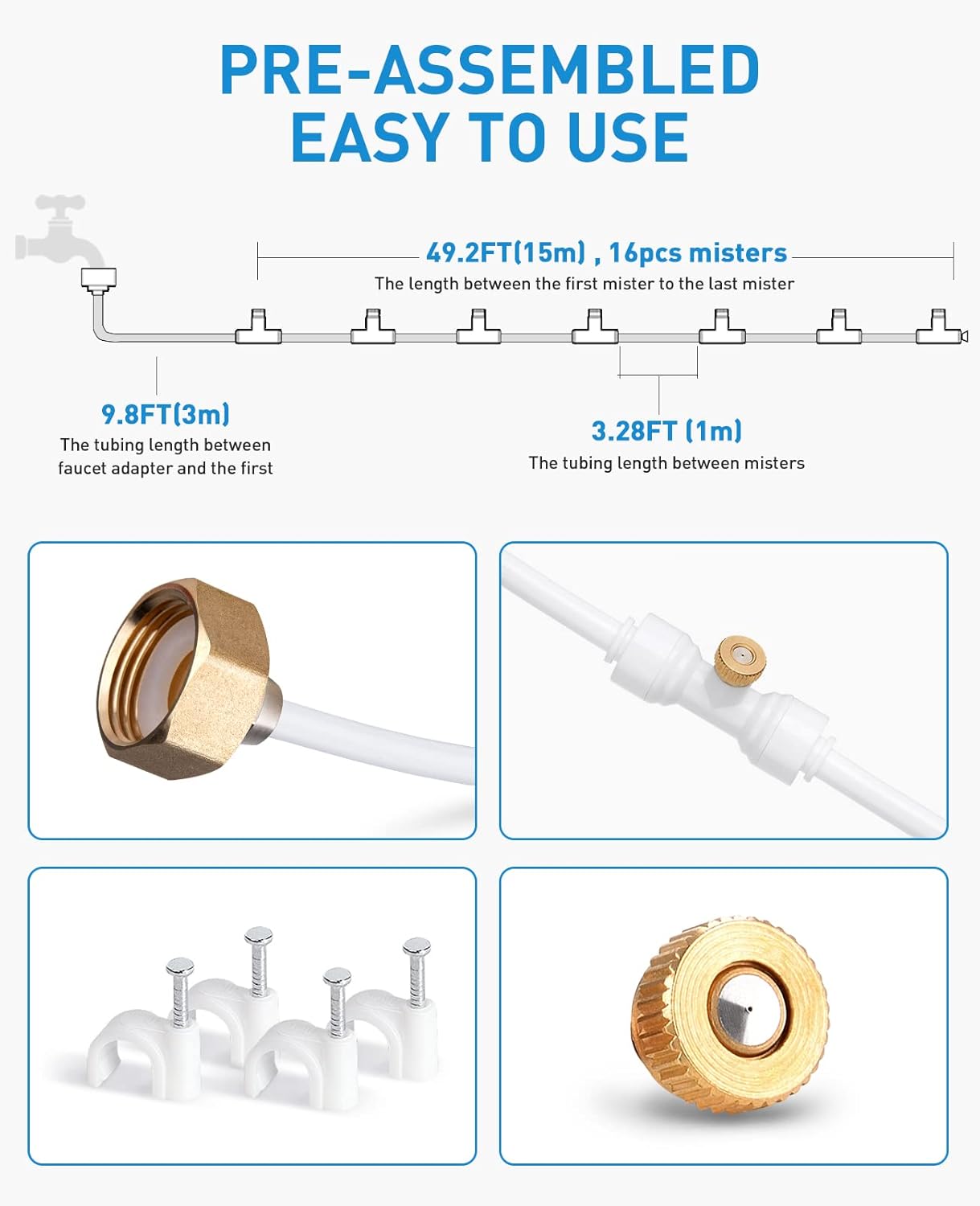 homenote Misting Cooling System, 59FT (18M) Misting Line + 16 Brass Mist Nozzles + Brass Adapter(3/4") Misters for Outside Patio Cooling Garden Greenhouse Watering