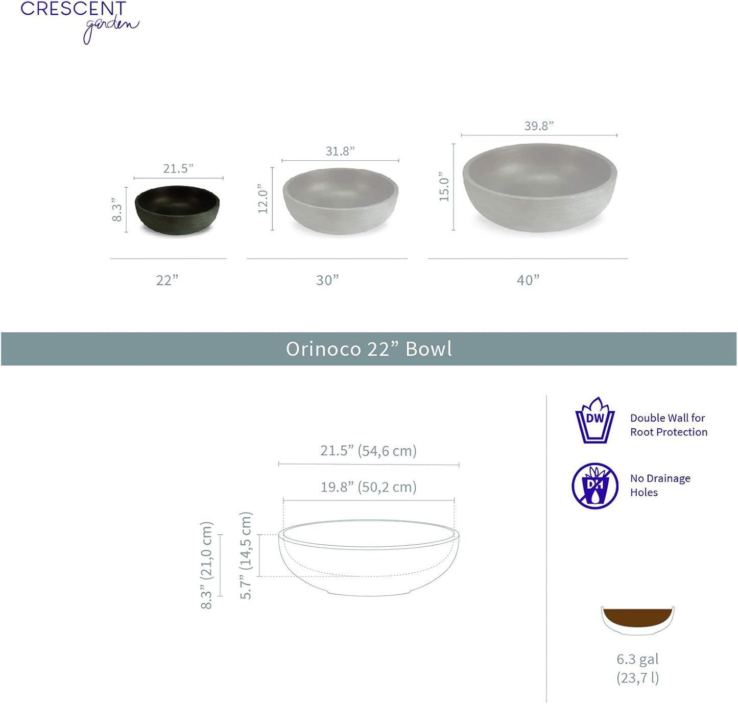 Crescent Garden Orinoco Planter Bowl – Double-Walled Resin Pot for Succulents, Flowers Without Drain Hole - 21" W x 8.25" H (Old Bronze)