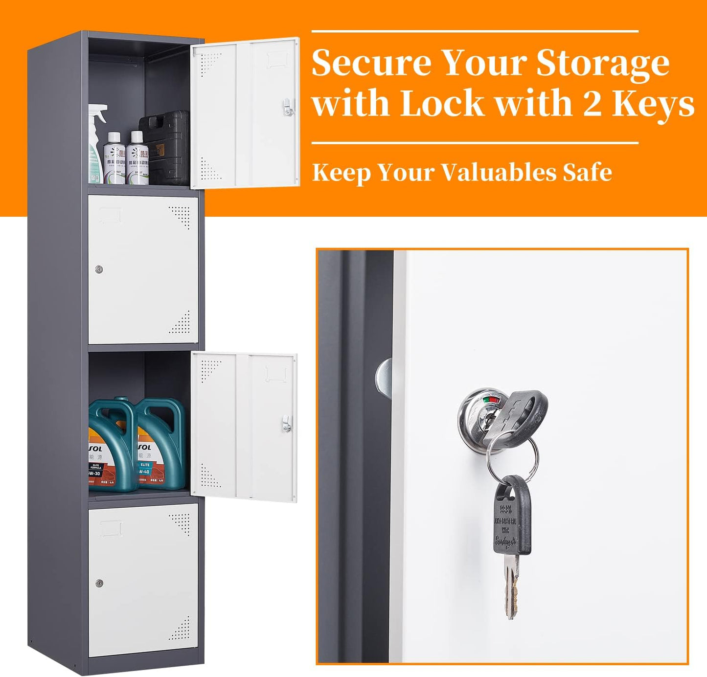 Metal Locker with 4 Doors, 71'' Lockers for Employees Steel Storage Locker, Lockable Locker Cabinet for School, Gym, Home Office and Garage（Grey White） (Rectangular)