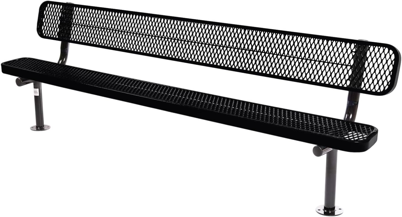 Coated Outdoor Furniture Heavy-Duty Outdoor Bench Thermoplastic Coated, Expanded Metal, Commercial-Grade Seating, Made in America (Surface with Back, 8 Ft, Black)