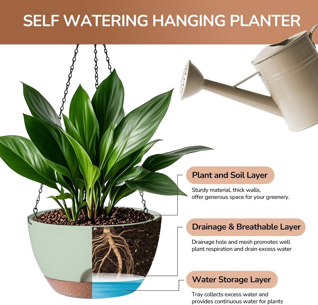 12 Inch Hanging Baskets for Plants Outdoor, Hanging Planters for Indoor Outdoor Plants, Hanging Planter with Self Watering, Hanging Flower Pots (Green)