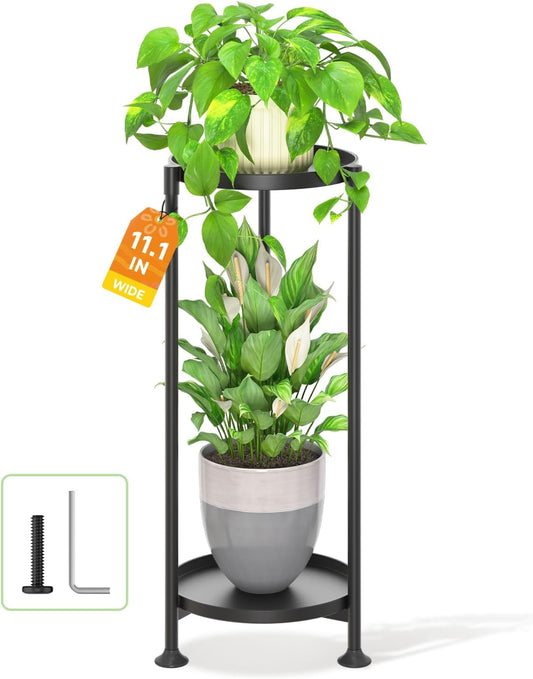 LASZOLA 2 Tier Black Plant Stand Indoor for Large Tall Heavy Duty Flower Planter, Metal Vertical Multi Level Rack for Narrow Floor Corner, Sturdy Round Holder Organizer, Modern, Mid Century, Farmhouse