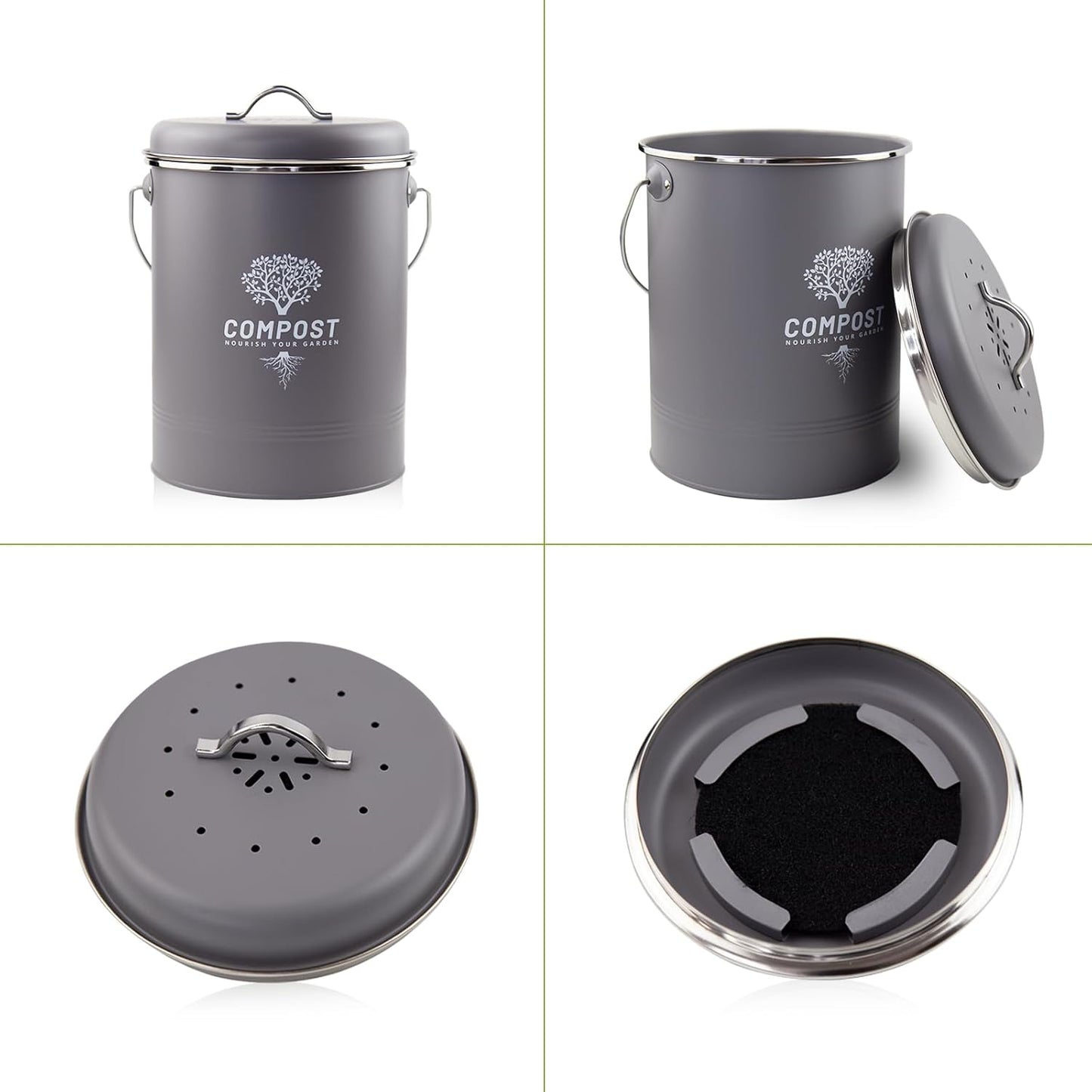 Kitchen Countertop Compost Bin, Odor Resistant Indoor Compost Bin with Lid and Charcoal Filter, Rust Resistant Coated Compost Bucket, Compost Container, Gray