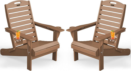 Adirondack Chairs Set of 2, Outdoor Fire Pit Chairs, HDPE All-Weather Adirondack Chairs with Cup Holder, Lawn Chair for Deck, Patio, Garden (Teak)