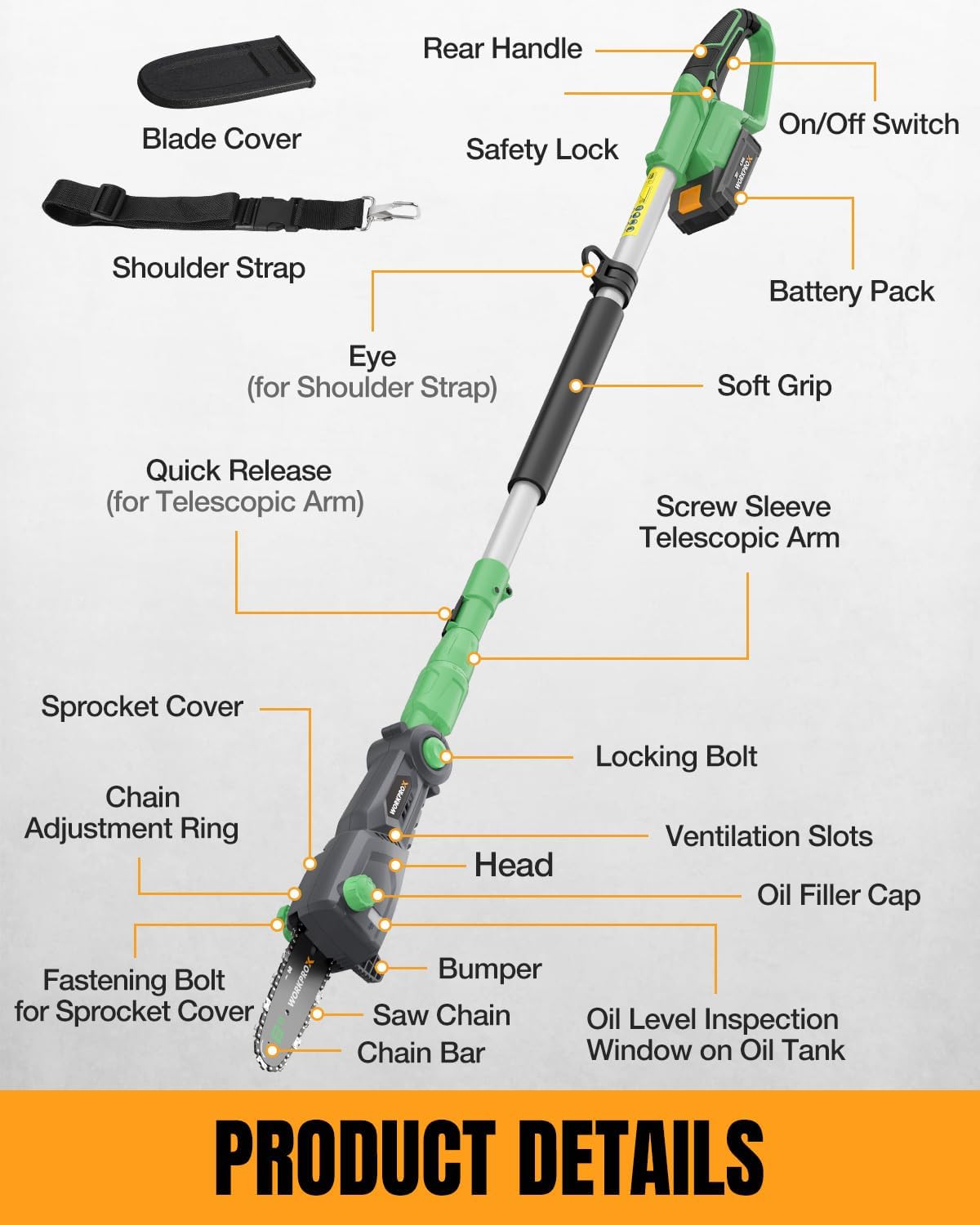 WORKPROX Cordless Pole Saw with Battery, 20V 4.0Ah Battery Powered 8 Inch Electric Pole Chainsaw, 4000mAh Power Bank with Quick Charge 3.0, Lightweight, 9.2 FT Max Reach Pole Saw for Tree Trimming