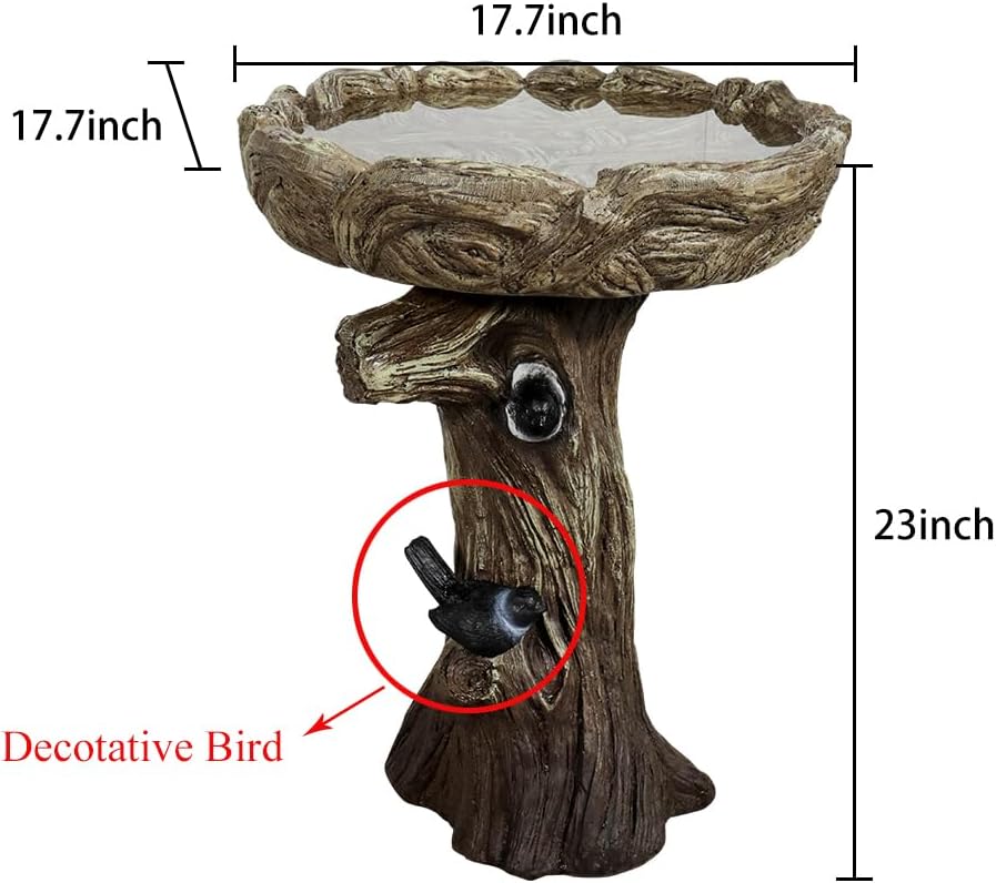 SunJet 23 Inch High Wood-Look Concrete Bird Bath with Decorative Faux Bird – Birdbath Rustic & Long-Lasting Design, Enhances Garden, Patio, Yard, Lawn Decor