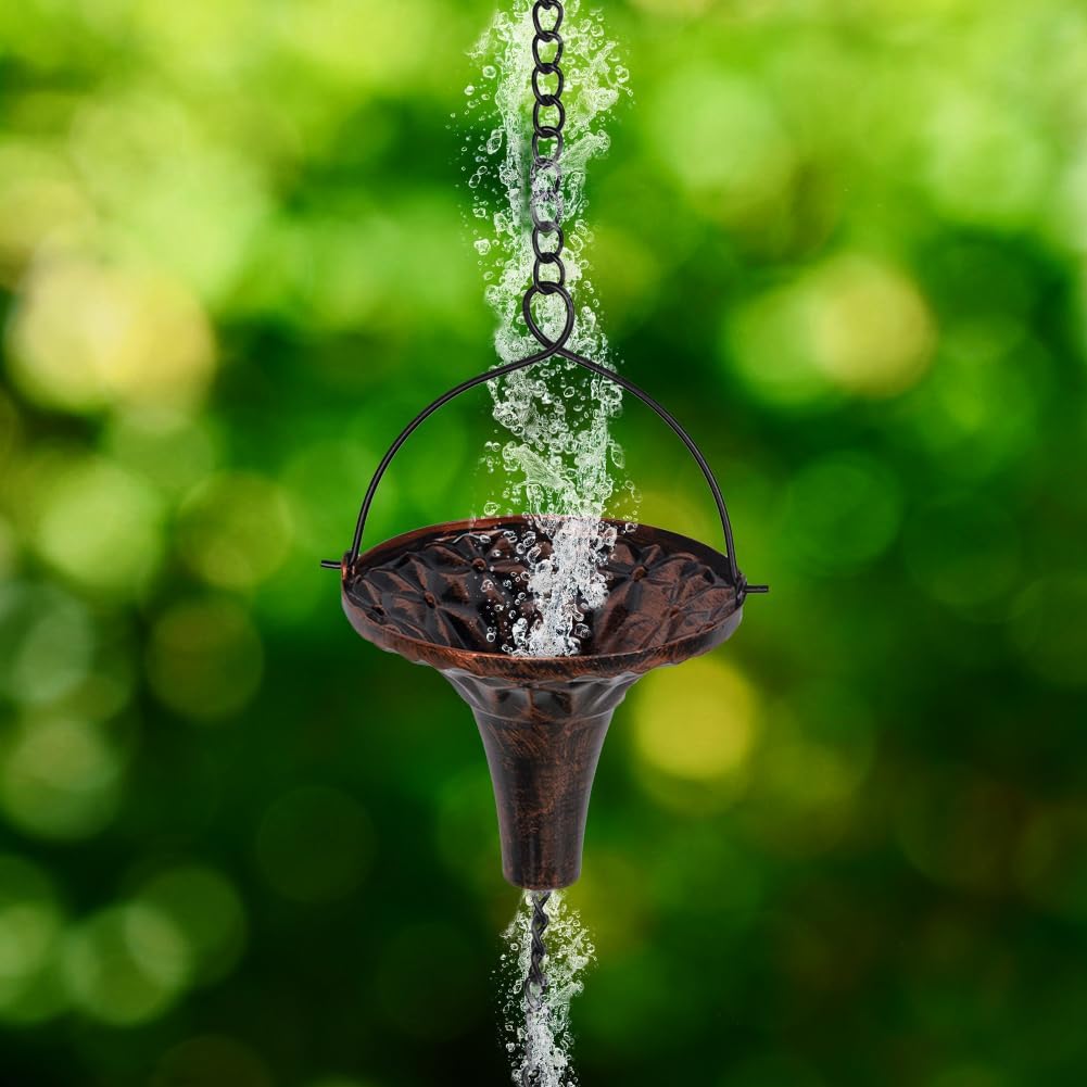9.7ft Outdoor Rain Chain with 10 Funnel Shaped Cups Adjustable Rain Chain for Gutters, Eaves, Drains, Replacement Downspouts