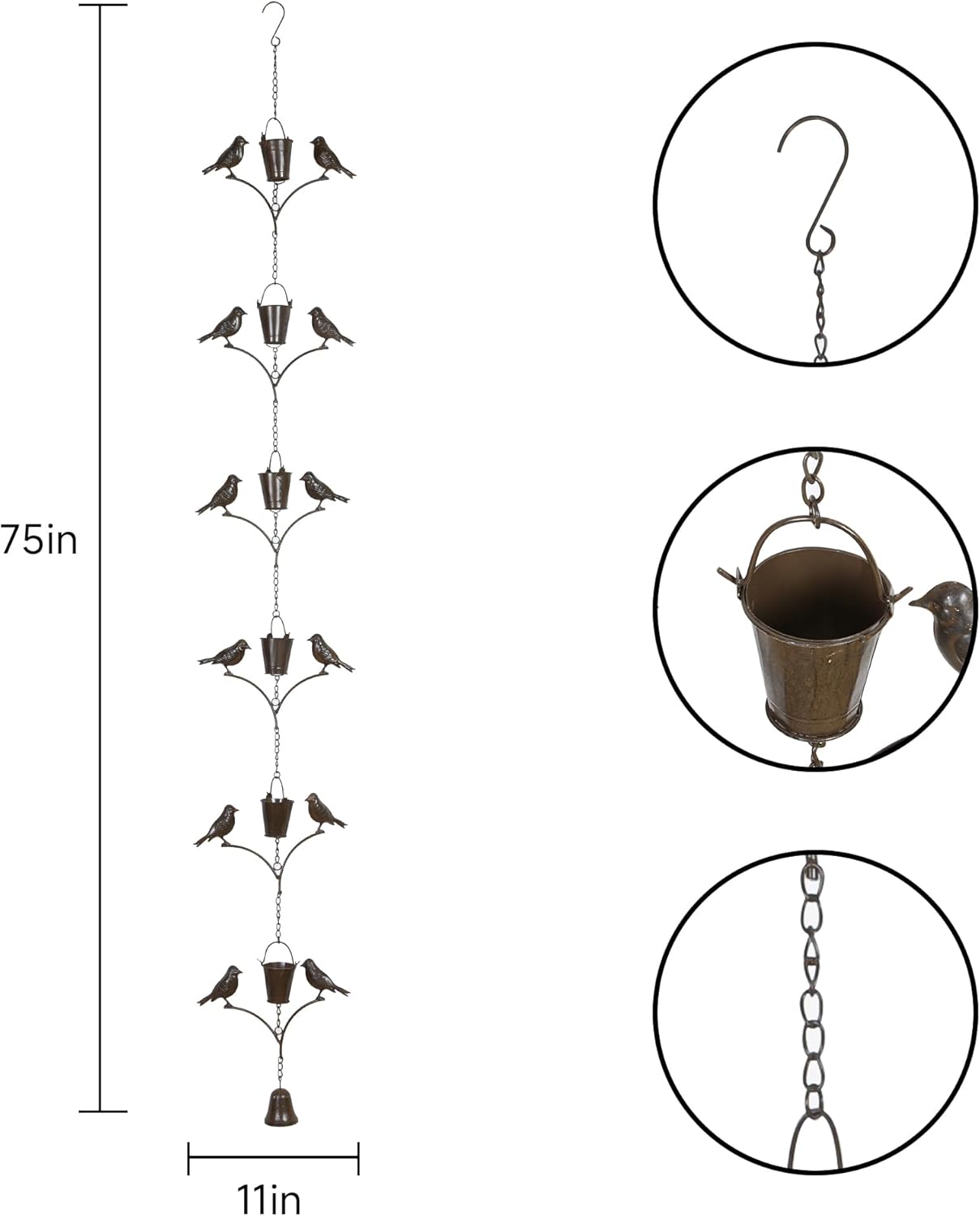 Metal Rain Chain Decoration 6.3FT., Rain Catcher Metal Chain Gutter Downspout 76'' for House Eaves, Garden & Home, Birds & Buckets Shape Rain Chains