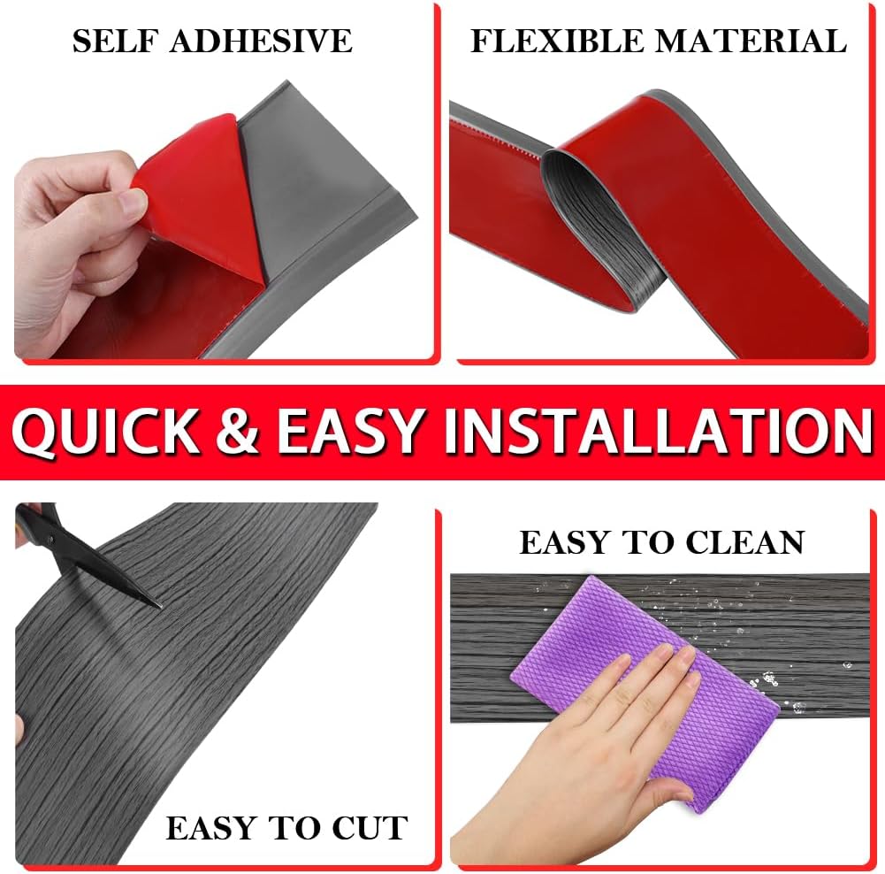FONUNO Vinyl Wall Base Baseboard Molding Trim 4" Flexible Self Adhesive Rubber Wall Base Moulding Trim Peel and Stick Design, 4 Inch x 100 Feet, Dark Gray Wood