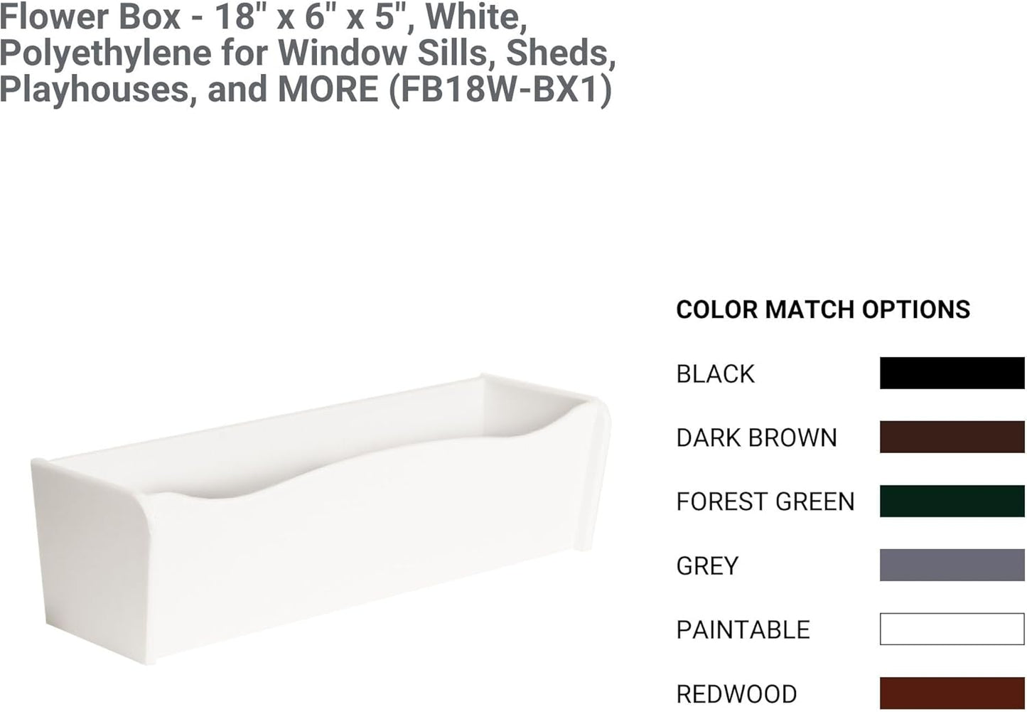 Flower Box 18" x 6" x 5" Redwood Polyethlene for Window Sills, Sheds, and Playhouses, 1 PK (FB18R-BX1)