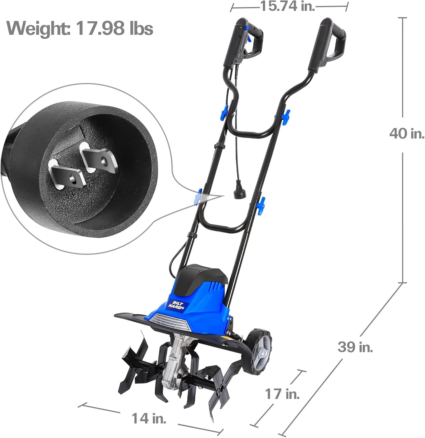 BILT HARD 14" 10Amp Electric Garden Tiller | 4 Steel Tines Tiller Cultivator with Foldable Handle & Adjustable Wheels for Soil Cultivation, Weeding, Portable Gardening