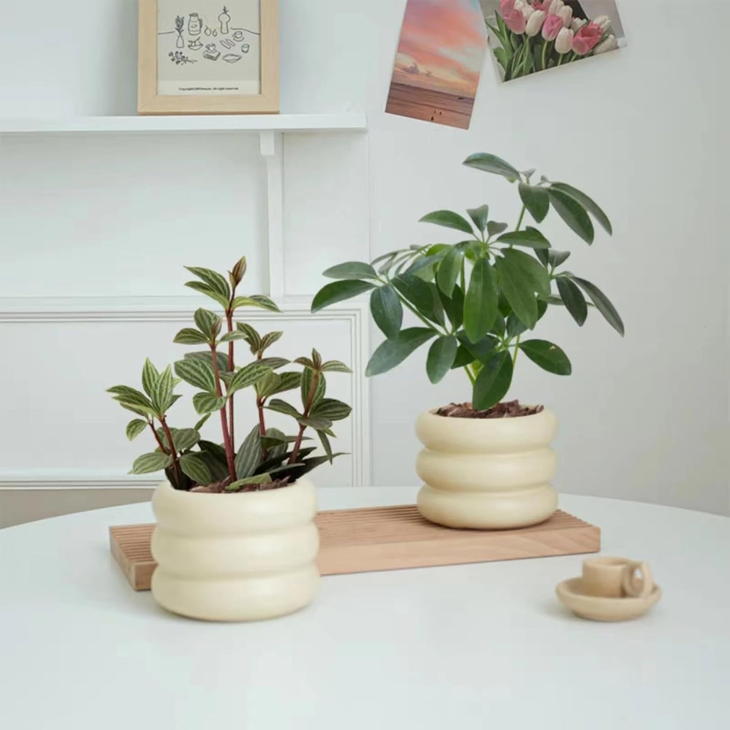 Ceramic Plant Pot Indoor, 4.7 Inch Flower Pot with Drainage Hole, Small Bubble Design Ceramic Planter for Home & Office Decor (Beige)