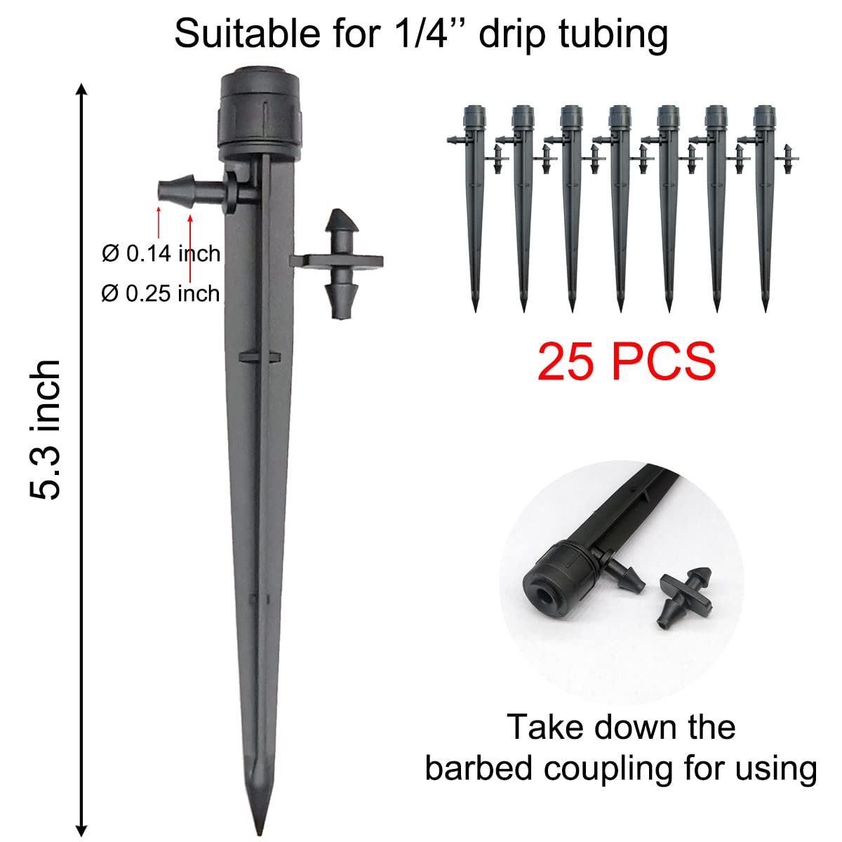 25 Pcs Drip Irrigation Emitters, Adjustable Flow 0-20 GPH Irrigation Drippers with Stake, Full Circle Flow Sprinkler Head, Micro Sprinkler for Garden Patio Lawn Flower Bed