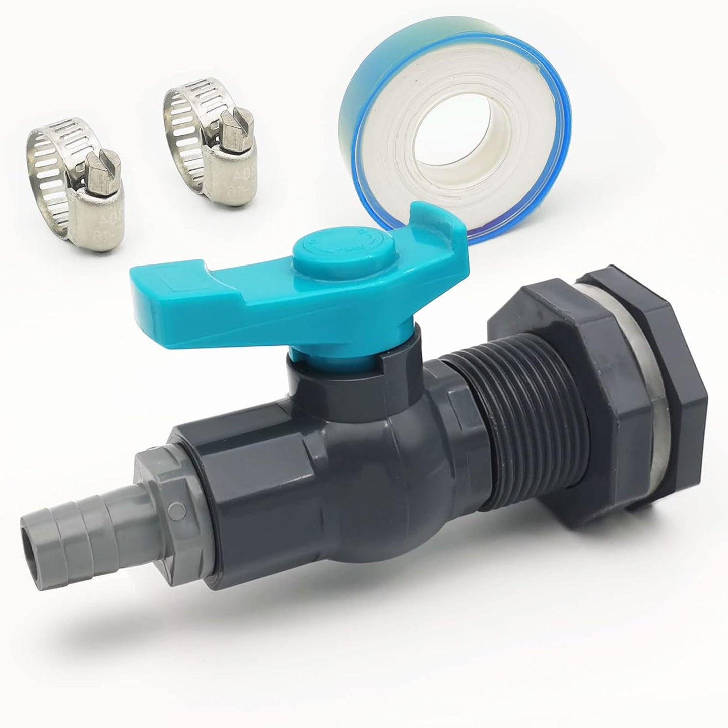Rain Barrel Spigot PVC Faucet Kit Water Barrel Diverter Kit with Bulkhead Fitting,Ball Valve,Garden Hose Barb(16mm) Adapter,Pipe Clamps,Thread Seal Tape(kit for 16mm ID Hose)
