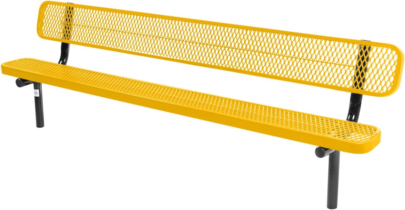 Coated Outdoor Furniture Heavy-Duty Outdoor Bench Thermoplastic Coated, Expanded Metal, Commercial-Grade Seating, Made in America (Inground with Back, 8 Ft, Yellow)