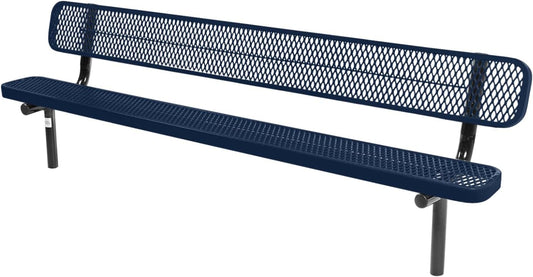 Coated Outdoor Furniture Heavy-Duty Outdoor Bench Thermoplastic Coated, Expanded Metal, Commercial-Grade Seating, Made in America (Inground with Back, 8 Ft, Textured Dark Blue)