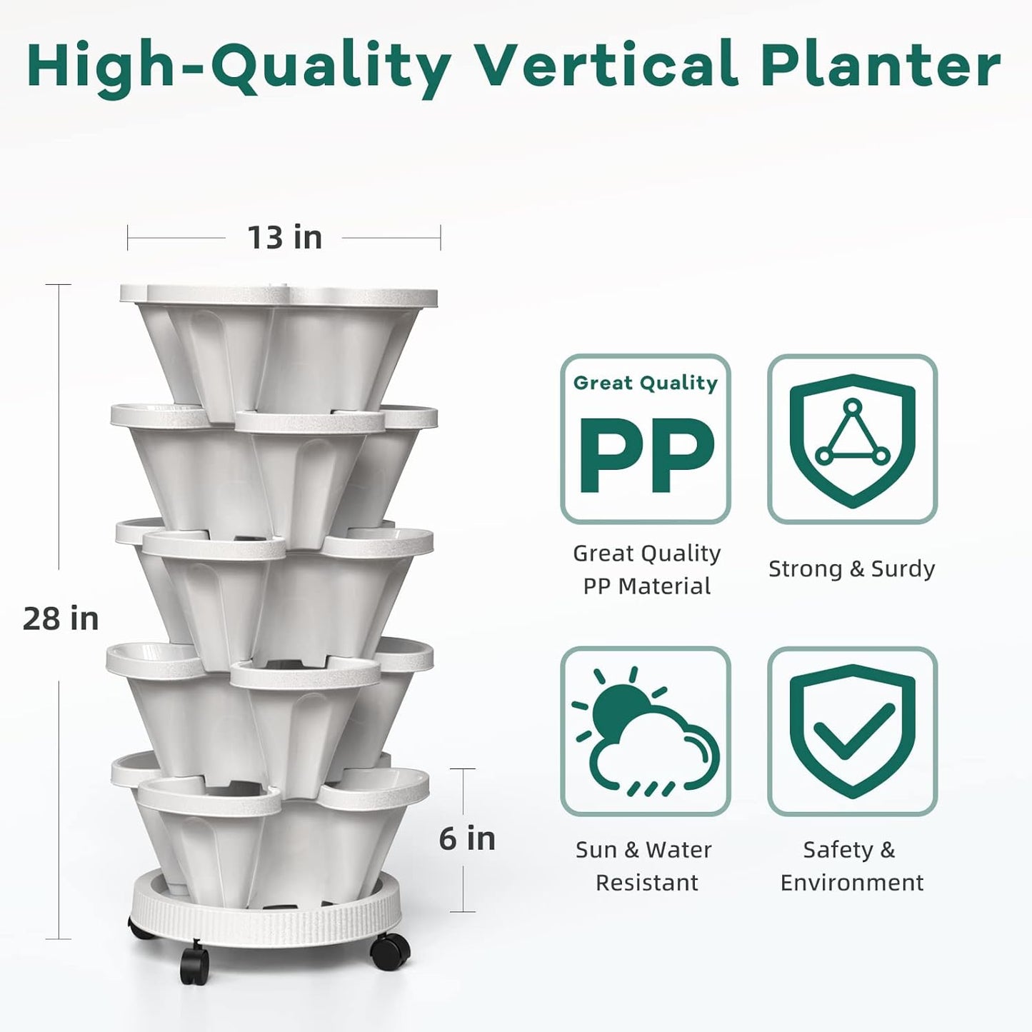 Strawberry Vertical Planter, 5 Tiered Stacking Garden Tower, Stackable Herb Vegetable Planters with Support Pole Indoor and Outdoor - White