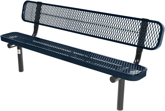 Coated Outdoor Furniture Heavy-Duty Outdoor Bench Thermoplastic Coated, Expanded Metal, Commercial-Grade Seating, Made in America (Inground with Back, 6 Ft, Dark Blue)