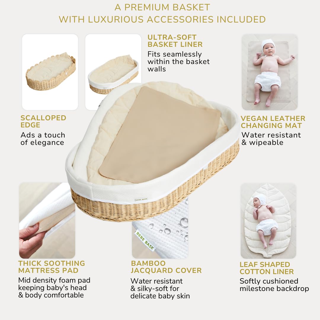 Bebe Bask Premium Baby Changing Basket - Artisan-Crafted Scalloped Rattan - Changing Basket for Baby Dresser - All Accessories Included - Complete Set for Nursery (Natural)
