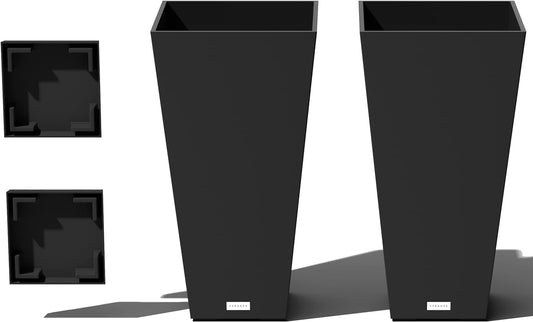 Veradek V-Resin Indoor/Outdoor Taper Planter (Black, 26 inch - 2 Pack with 2 Saucer Trays)