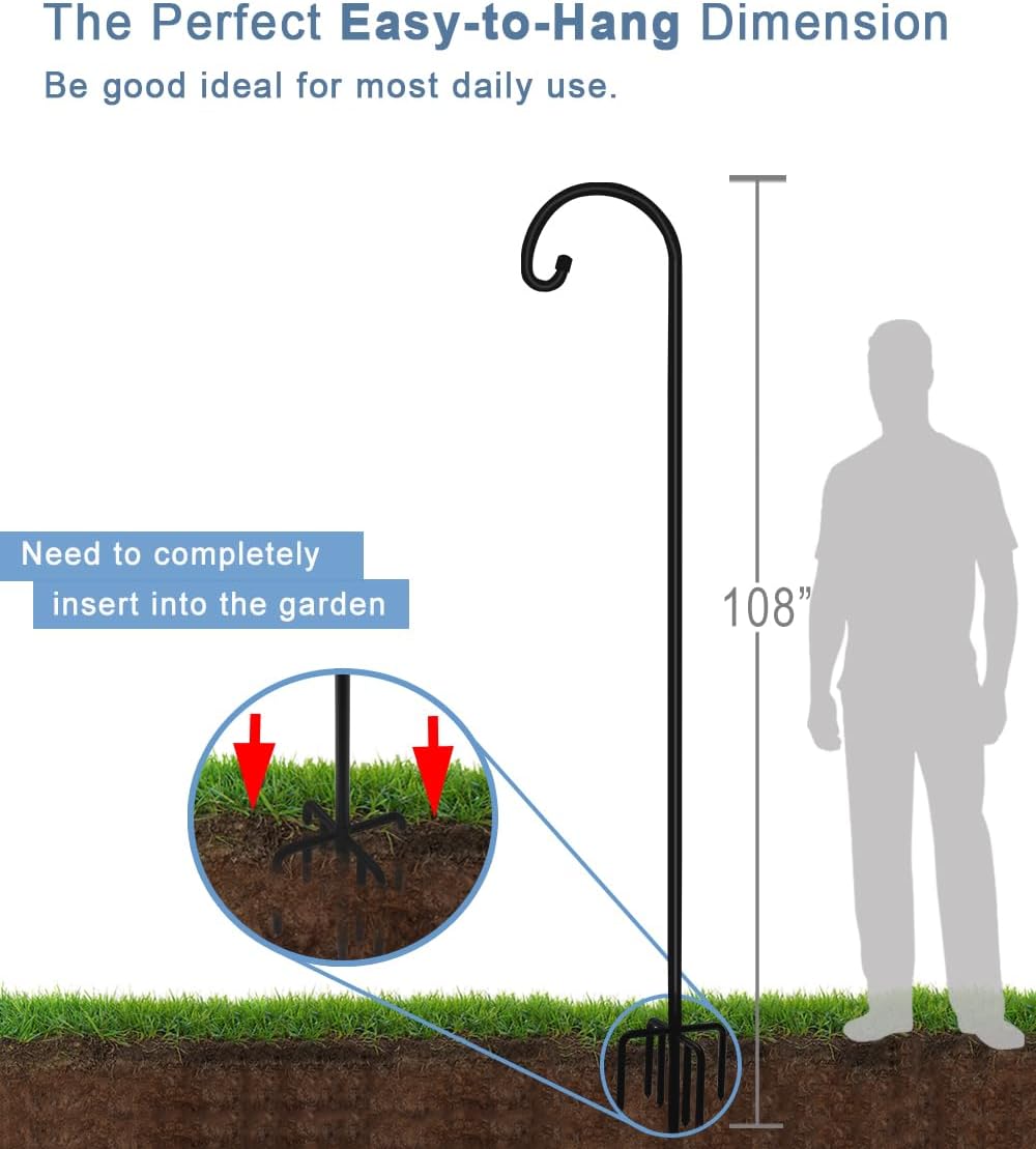 108 inch Outdoor Shepherd Hook with 7 Prong Base (1 Pack), Adjustable Heavy Duty Garden Hanging Stake for Bird Feeder Solar Light Plant Hanger Wedding Decor, Matte Black