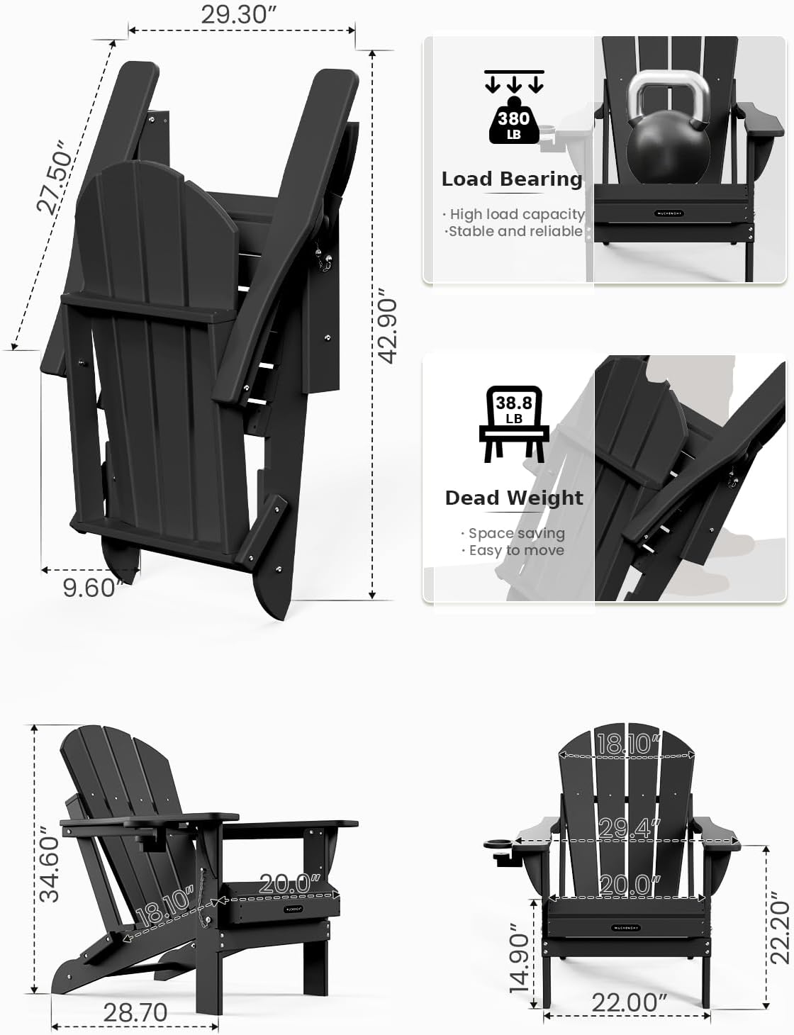 MUCHENGHY Folding Adirondack Chairs, Patio Chairs, Lawn Chairs, Outdoor Chair, Adirondack Chair Plastic, Fire Pit, Weather Resistant with Cup Holder for Deck, Backyard, Garden(White, 3-Piece)